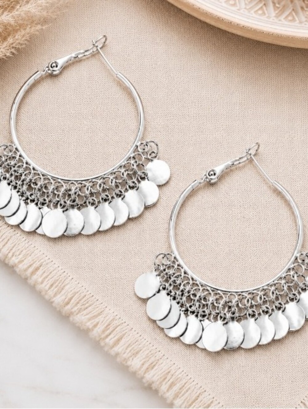Silver Coin Disk Hoop Earrings